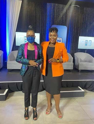 Segolame Thaga with a guest on a television studio set